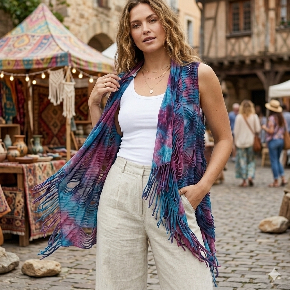 Kamana Tie Dye Mesh Fringe Vest Tunic Lagenlook Boho Festival Blue Multi Large